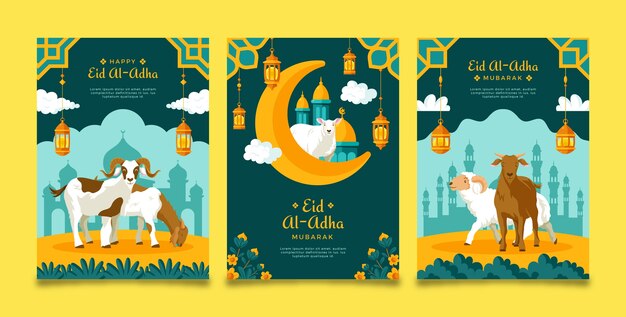 Flat greeting cards collection for islamic eid al-adha celebration