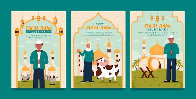 Free vector flat greeting cards collection for islamic eid al-adha celebration