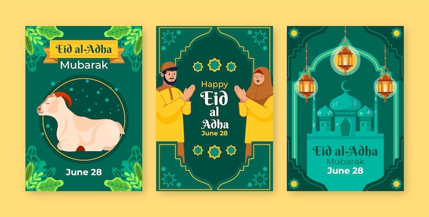 이슬람 eid al-adha 축하를 위한 플랫 인사말 카드 컬렉션