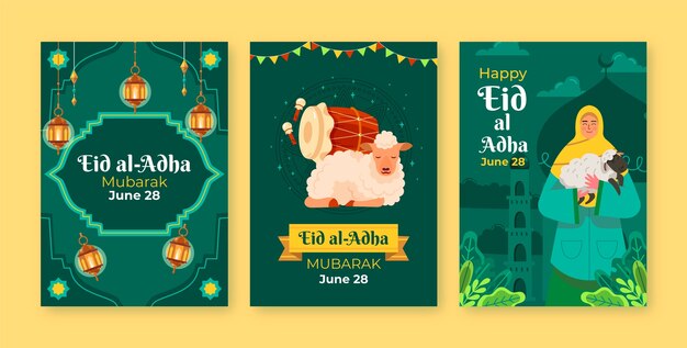 Flat greeting cards collection for islamic eid al-adha celebration
