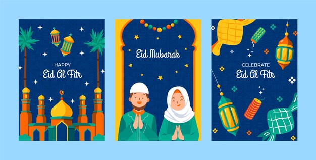 イスラムのイードアルフィトルのお祝いのためのフラットグリーティングカードコレクション