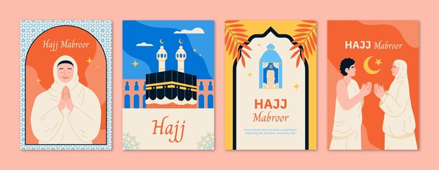 Flat greeting cards collection for islamic hajj pilgrimage