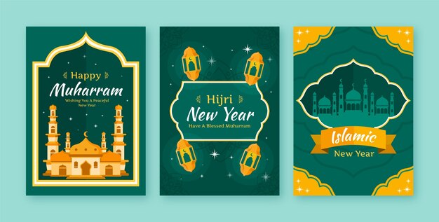 Flat greeting cards collection for islamic new year celebration