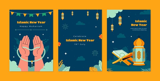 Flat greeting cards collection for islamic new year celebration