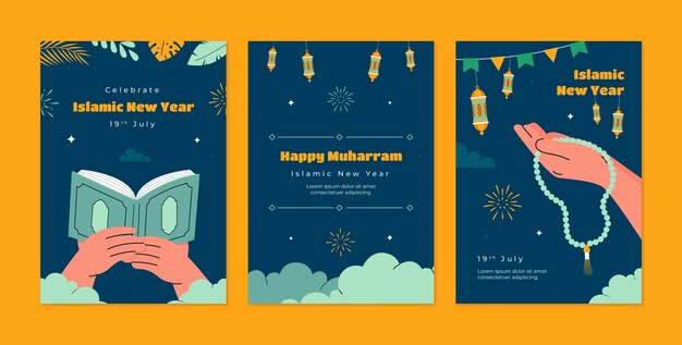 Flat greeting cards collection for islamic new year celebration