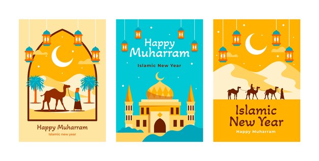 Плоская коллекция поздравительных открыток для празднования исламского нового года