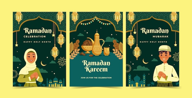 Free vector flat greeting cards collection for islamic ramadan celebration