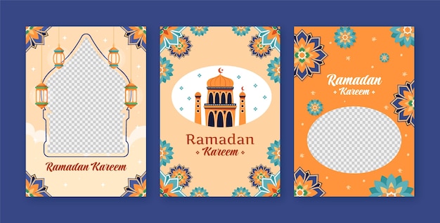 Vettore gratuito collezione di biglietti di auguri piatti per la celebrazione islamica del ramadan.