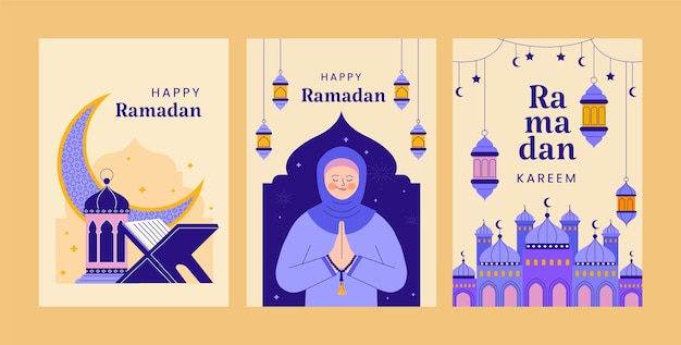 Flat greeting cards collection for islamic ramadan celebration