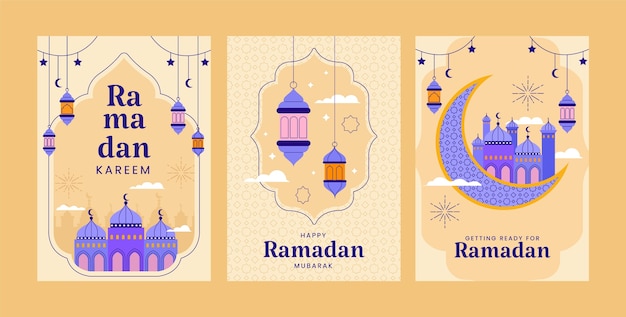 Vettore gratuito collezione di biglietti di auguri piatti per la celebrazione islamica del ramadan.