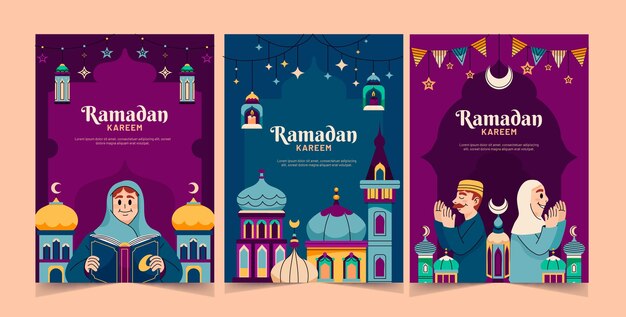 イスラム教のラマダン祝賀のためのフラットグリーティングカードのコレクション.
