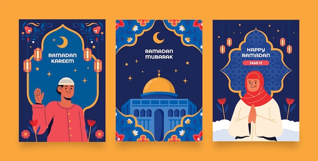 イスラム教のラマダン祝賀のためのフラットグリーティングカードのコレクション.