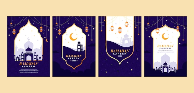 Vettore gratuito collezione di biglietti di auguri piatti per la celebrazione islamica del ramadan