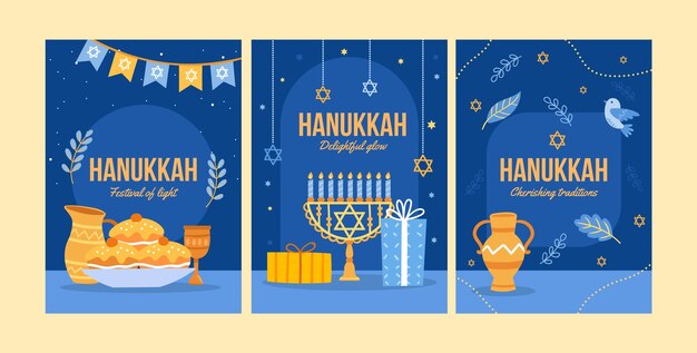 Vettore gratuito collezione di biglietti d'auguri piatti per la celebrazione ebraica di hanukkah