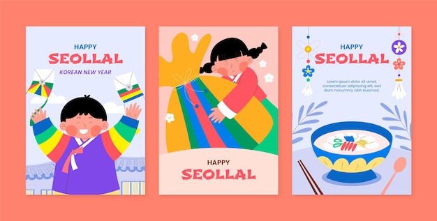 Flat greeting cards collection for korean seollal festival celebration