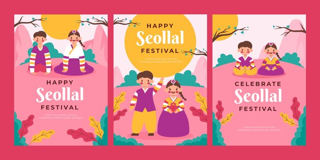 Коллекция плоских поздравительных открыток для празднования корейского фестиваля сеолла