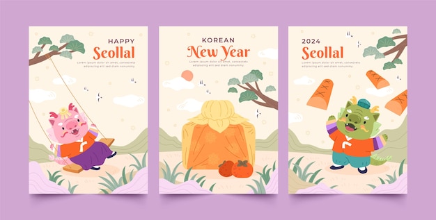 Flat greeting cards collection for korean seollal festival celebration