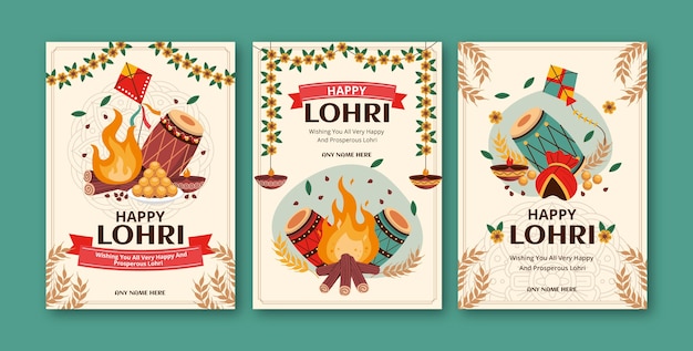 Flat greeting cards collection for lohri festival celebration