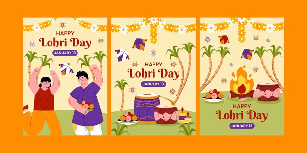 Lohri 축제 축하를 위한 평면 인사말 카드 컬렉션