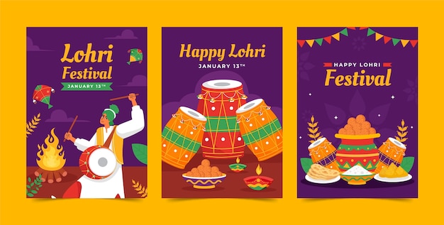 Flat greeting cards collection for lohri festival celebration