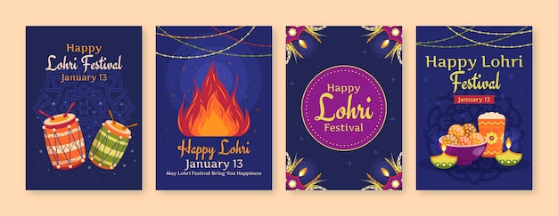 Vettore gratuito collezione di biglietti d'auguri piatti per il festival lohri