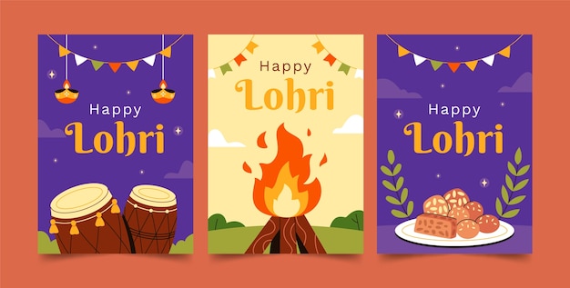 Free Vector flat greeting cards collection for lohri festival