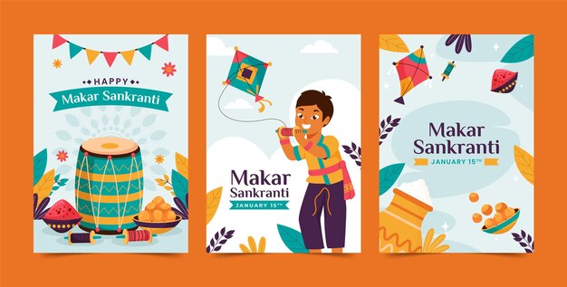 Free vector flat greeting cards collection for makar sankranti festival