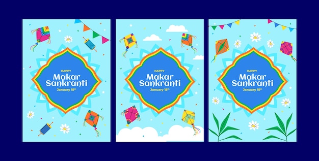 Free vector flat greeting cards collection for makar sankranti festival