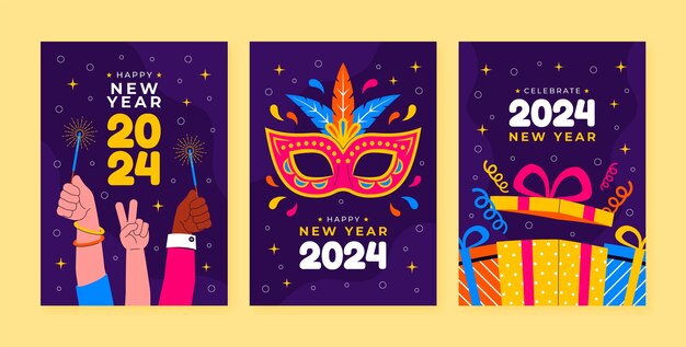 Flat greeting cards collection for new year 2024 celebration