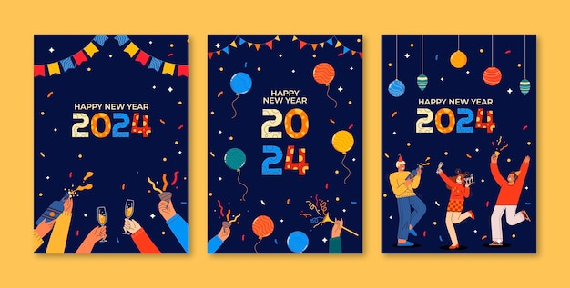 Flat greeting cards collection for new year 2024 celebration
