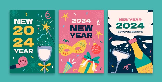 Flat greeting cards collection for new year 2024 celebration