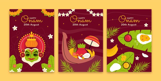 Free vector flat greeting cards collection for onam festival celebration