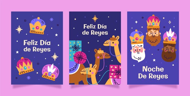 Free vector flat greeting cards collection for reyes magos