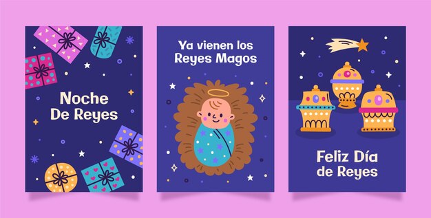 Free vector flat greeting cards collection for reyes magos