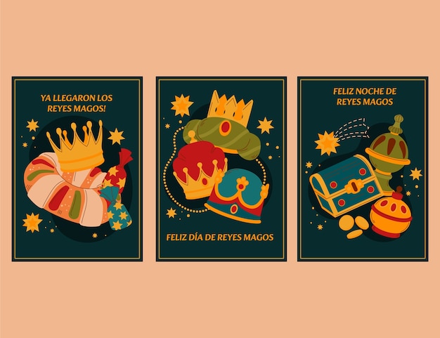 Free vector flat greeting cards collection for reyes magos