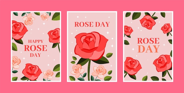 Free vector flat greeting cards collection for rose day celebration