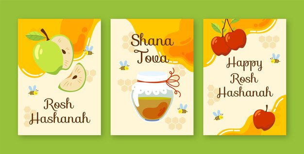 로쉬 하샤나 (Rosh Hashanah) 유대인 새해 축제에 대한 평평한 축하 카드 컬렉션