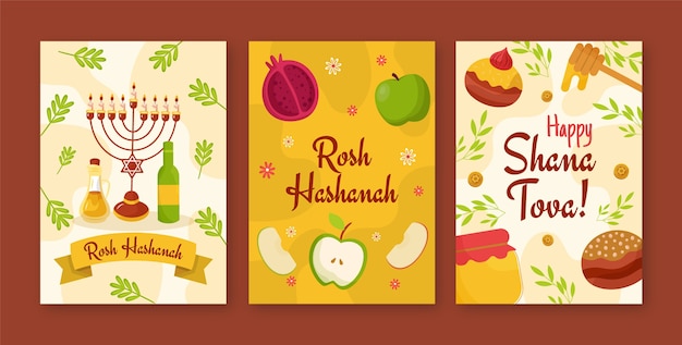 Free vector flat greeting cards collection for rosh hashanah jewish new year celebration