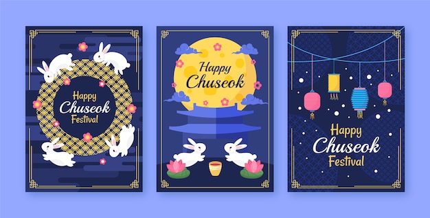 Free vector flat greeting cards collection for south korean chuseok festival celebration