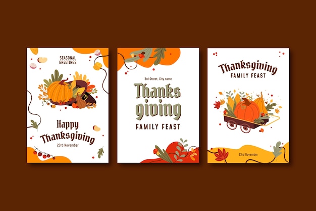 Free vector flat greeting cards collection for thanksgiving celebration