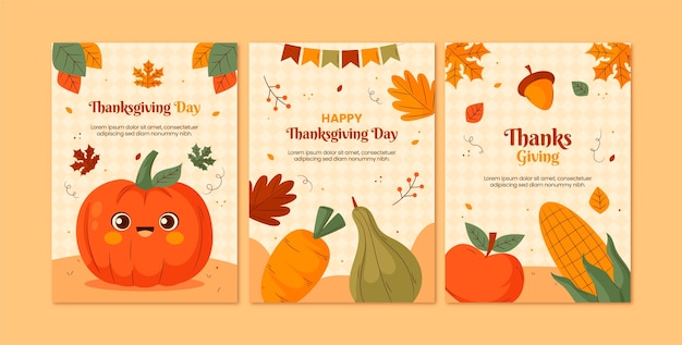 Free vector flat greeting cards collection for thanksgiving with vegetables and leaves