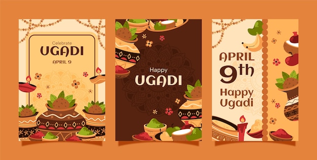 Free vector flat greeting cards collection for ugadi festivity