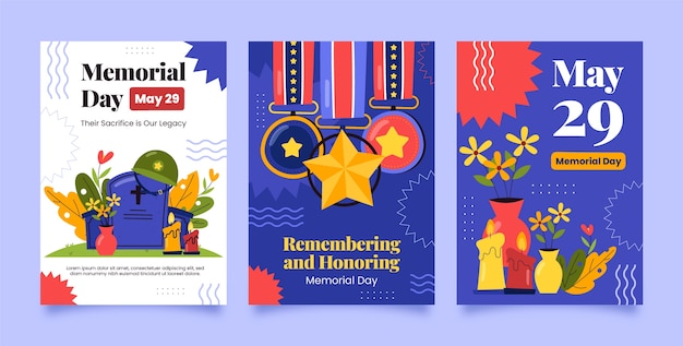 Flat greeting cards collection for usa memorial day celebration