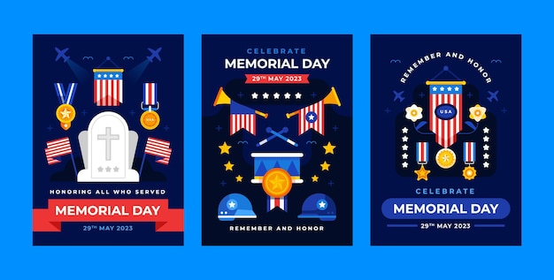 Free vector flat greeting cards collection for usa memorial day celebration