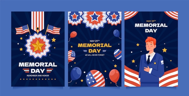 Vettore gratuito collezione di cartoline d'auguri piatte per la festa del memoriale degli stati uniti