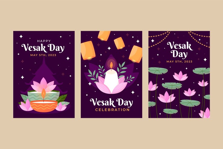 Free Vector flat greeting cards collection for vesak festival celebration