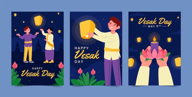 Vettore gratuito collezione di biglietti d'auguri piatti per la celebrazione del festival vesak