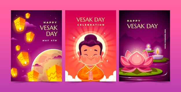 Vettore gratuito collezione di biglietti d'auguri piatti per la celebrazione del festival vesak