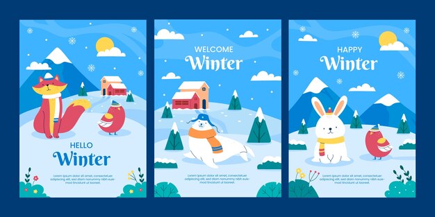 Flat greeting cards collection for winter season with fox and bunny