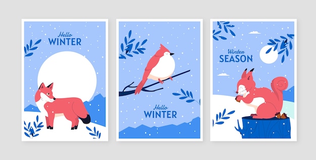 Free vector flat greeting cards collection for winter season with fox and squirrel